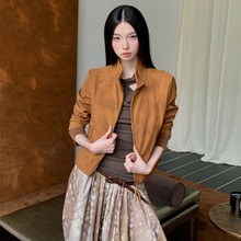 短外套女秋装复古休闲短款立领双拉链袖口拼接螺纹麂皮绒夹克外套