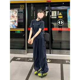 高级感时尚运动服套装女夏季宽松显瘦短袖工装阔腿裤休闲两件套潮