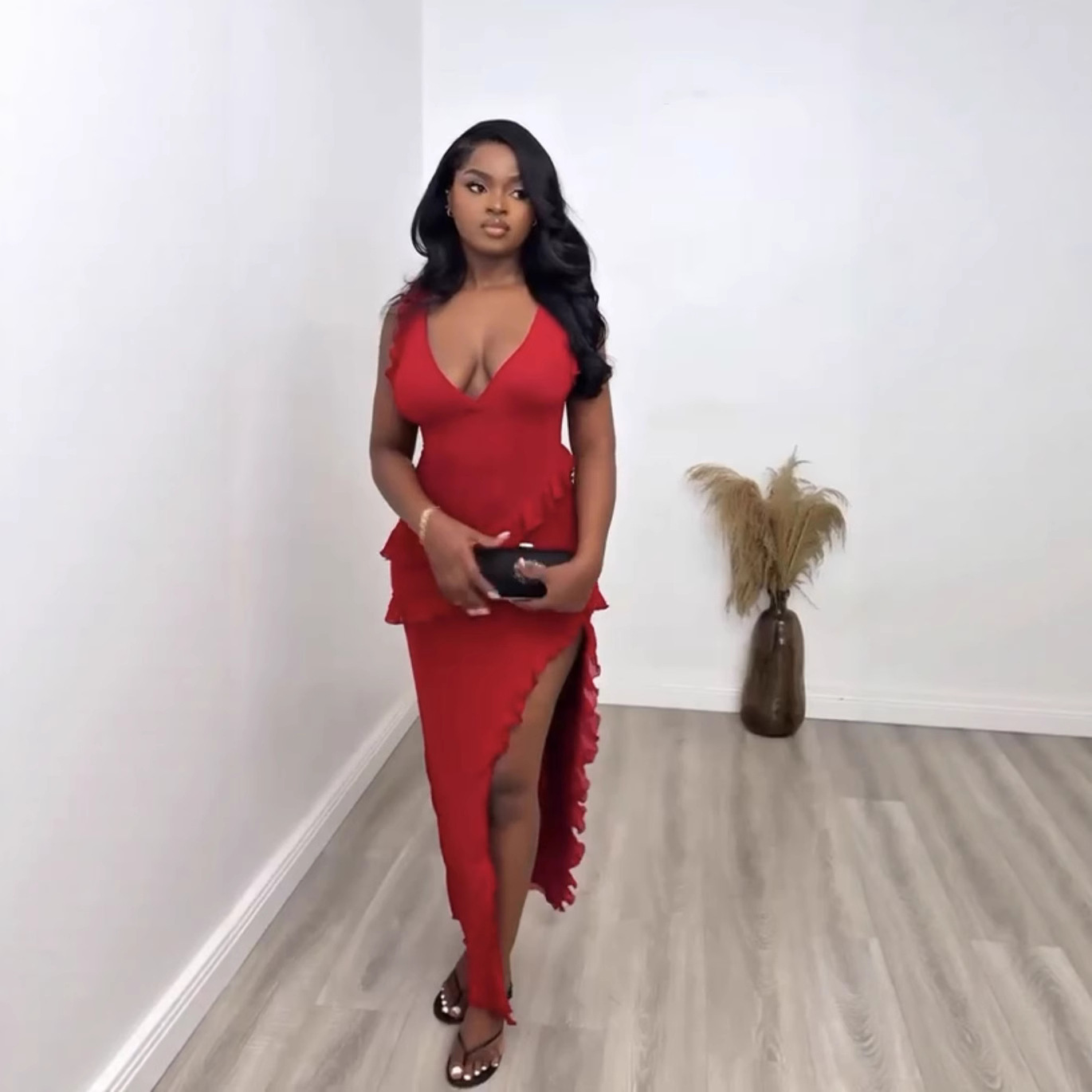 Sexy Ruffled Patchwork Dress Style Backless Slit Solid Color Fashion Elegant Women's Clothing_ecoleips.com
