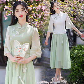 民国风女装中国风盘扣上衣套装中式唐装女日常改良茶艺师两件套春
