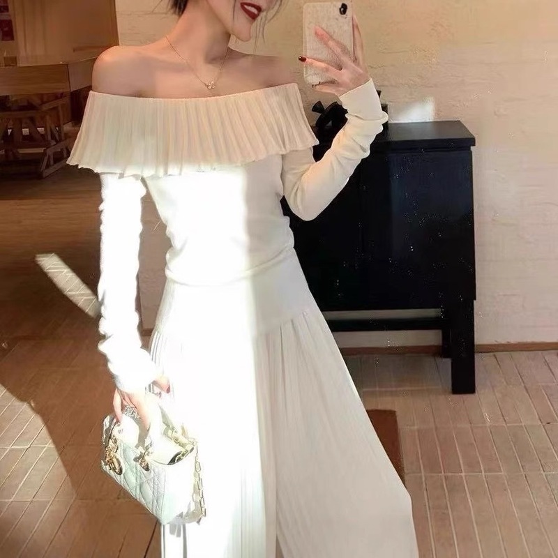 高级感时尚针织套装女式2025秋冬新款一字肩毛衣高腰阔腿裤两件套|undefined