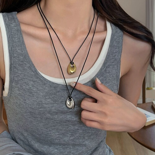 Nada Gold Bean Black Rope Necklace for Women, Summer Long Pendant Collar Accessory Minimalist Pendant Charms Knitting Chain