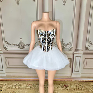 歐美跨境外貿鏡片抹胸蓬蓬裙束身收腰魚骨短款禮服裙