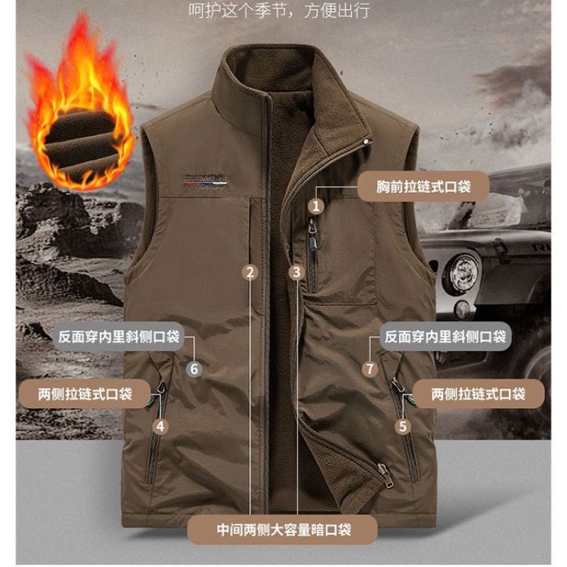 Reversible Thickened Men's Waterproof Vest Multi-Pocket Fleece Jacket Oversized Casual Loose Versatile