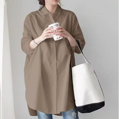 Khaki 2024 Spring Korean Style Loose Long-Sleeve Medium-Length Casual Women's Shirt Versatile Blouse Plus Size Women