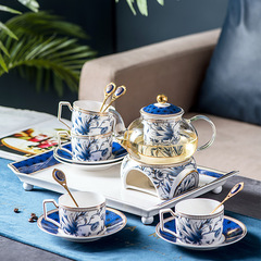 小清新英式花ティーポットセット家庭用昼寝カップ骨磁器茶器フィルター付きろうそく加熱ベース
