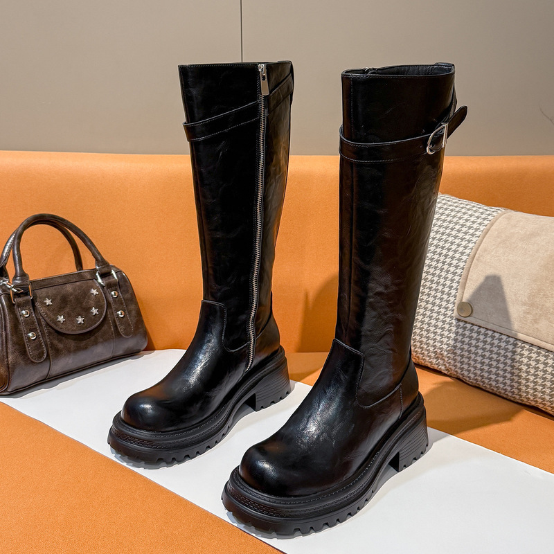 Petite 6cm Height-Increasing Thick-Soled Wide-Fit Riding Boots 2025 Winter Chunky High Heel Round-Toe Side Zipper Tall Boots for Women