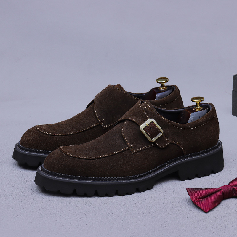 复古搭扣圆头粗跟磨砂牛皮真皮高跟单鞋男厚底增高乐福反绒男皮鞋