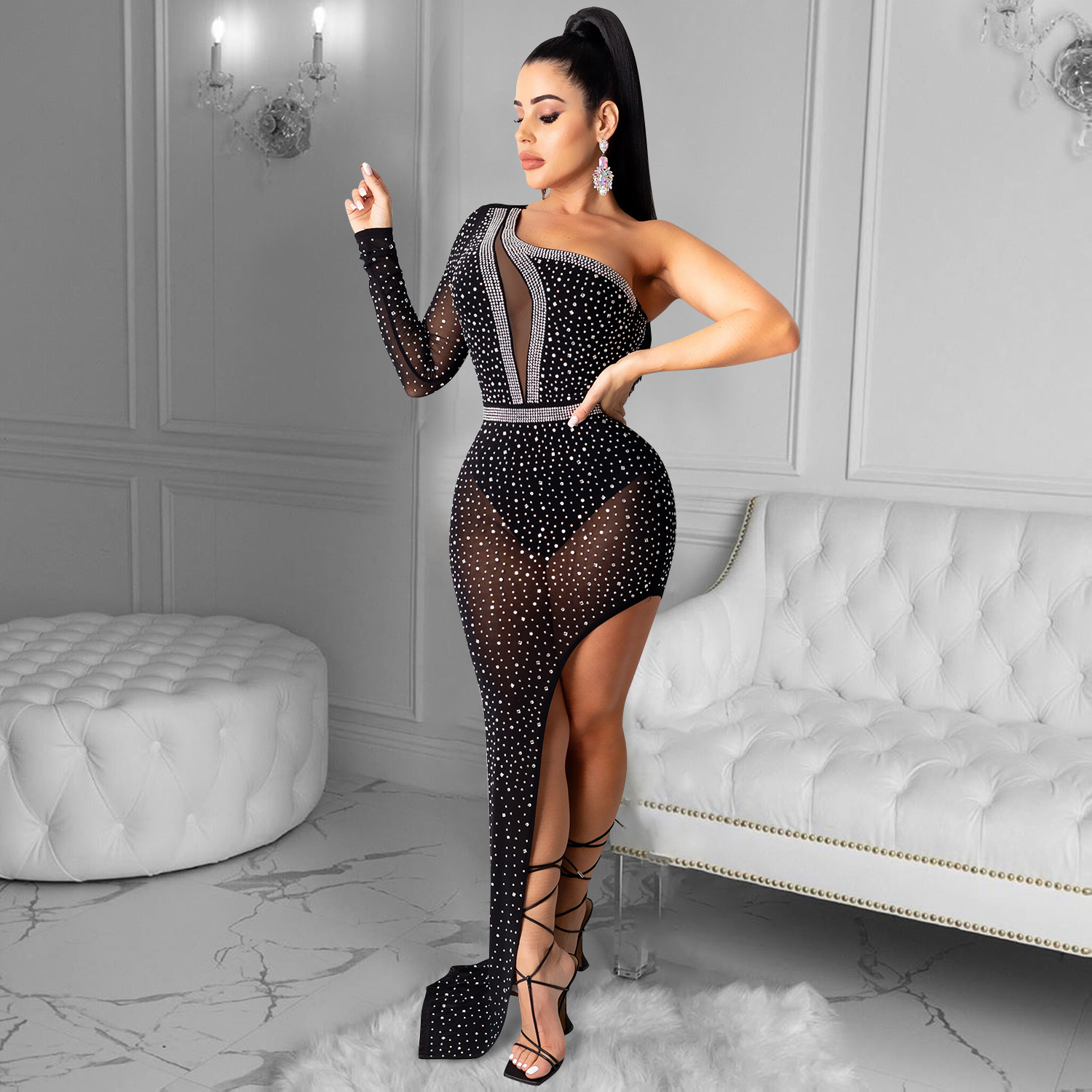 X5028 transfronterizo Otoño e Invierno Nuevo Europeo y Americano de las mujeres sexy vestido de club nocturno de malla transparente vestido irregular para las mujeres image 4