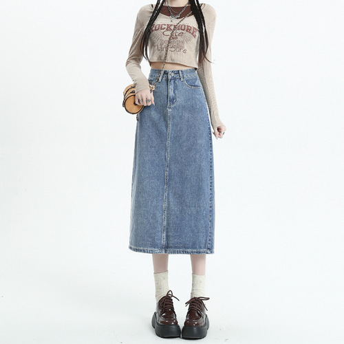 Women's High-Waist Vintage Opening A-Line Semi-Long Denim Skirt for Spring and Summer
