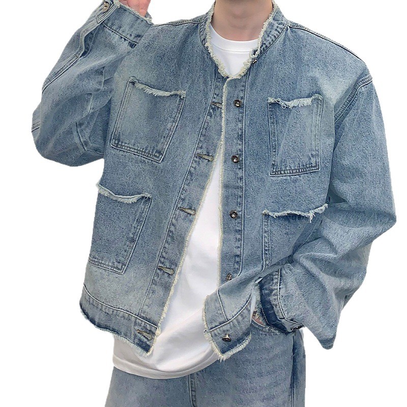 Giacca in denim da uomo alla moda, stile High Street, con bordi grezzi, stile casual, lavato, retrò, sfumato, vestibilità ampia, design di nicchia_voghion.com