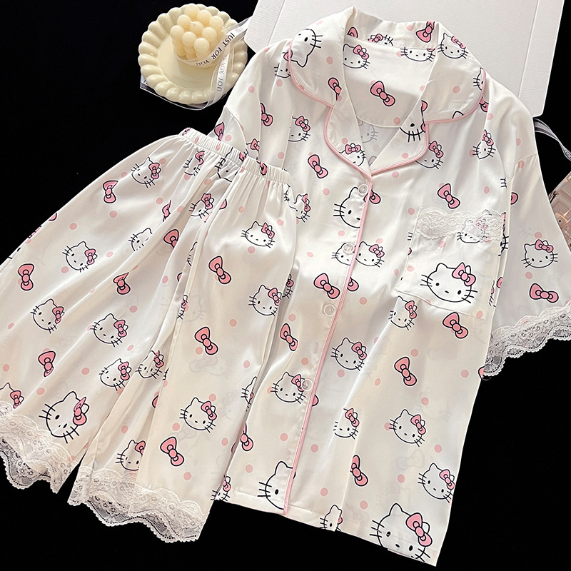Cute Kt Cat Ice and Snow Silk Pajamas Women's Summer Lapel Short Sleeve Shorts Lace High-Looking Home Clothes Set