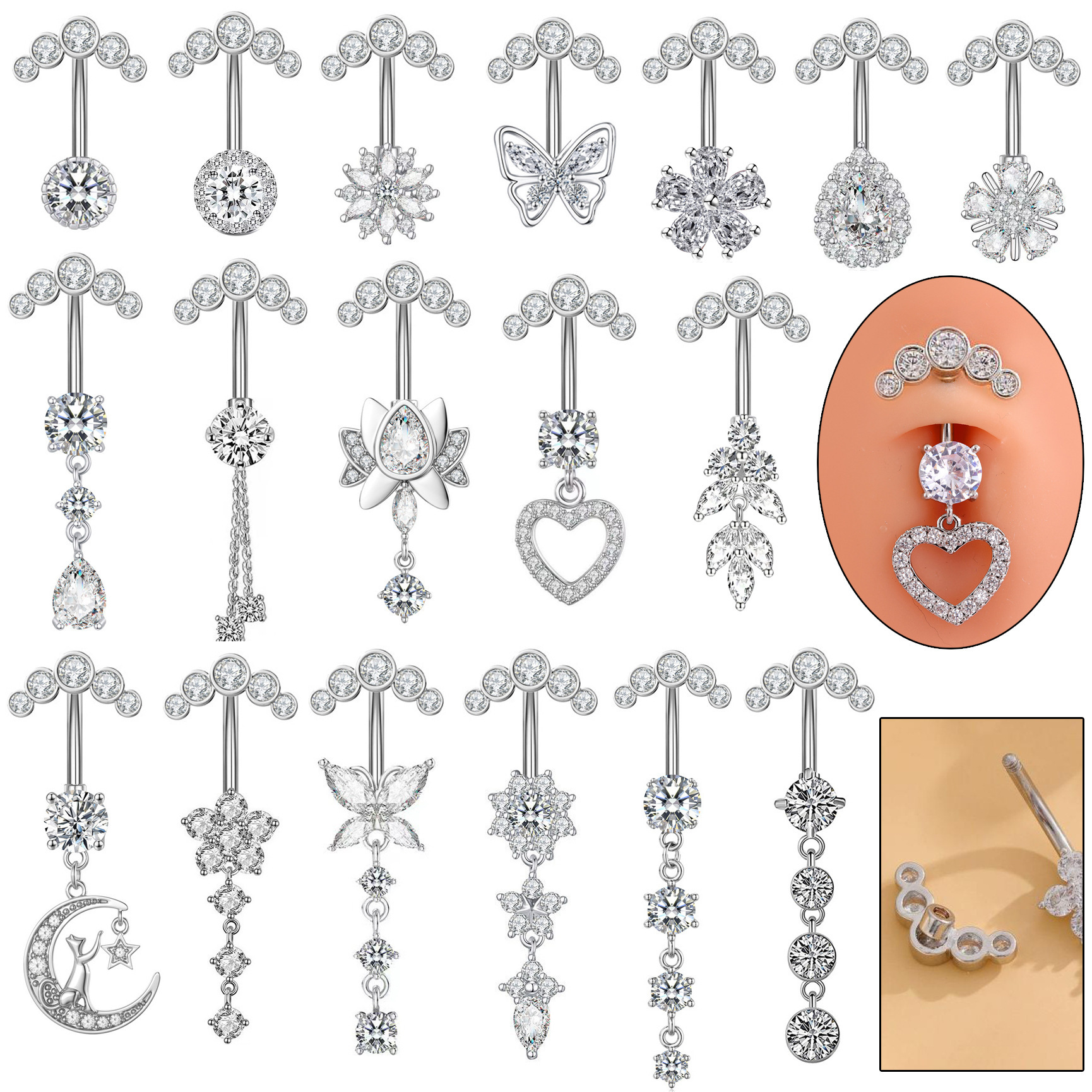 Zircon Belly Button Ring With Flower Heart And Butterfly Design_voghion.com