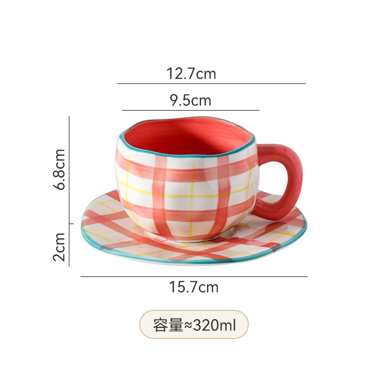 Super lindos esmalte de color pintado a mano cuadrícula azul cielo blanco nubes tazas de café plato mano apretado irregular tazas de cerámica plato