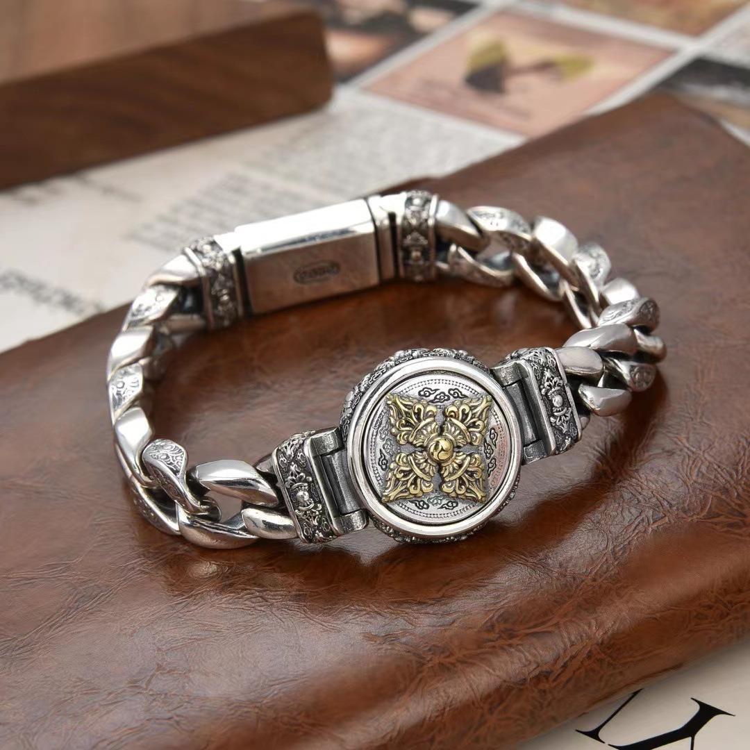 High-end diamond pestle silver bracelet ethnic style retro rotatable atmosphere texture personality trendy men cross-border explosions