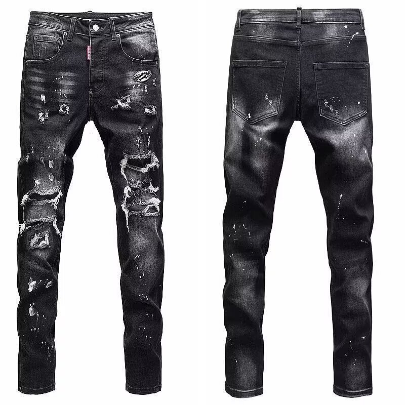 American-Style Trendy Black and Gray Distressed Jeans for Men with Cat Whiskers, Faded Holes, and Stretchy Slim-Fit Skinny Pants American-Style Trendy Black and Gray Distressed Jeans for Men with Cat Whiskers, Faded Holes, and Stretchy Slim-Fit Skinny Pants
