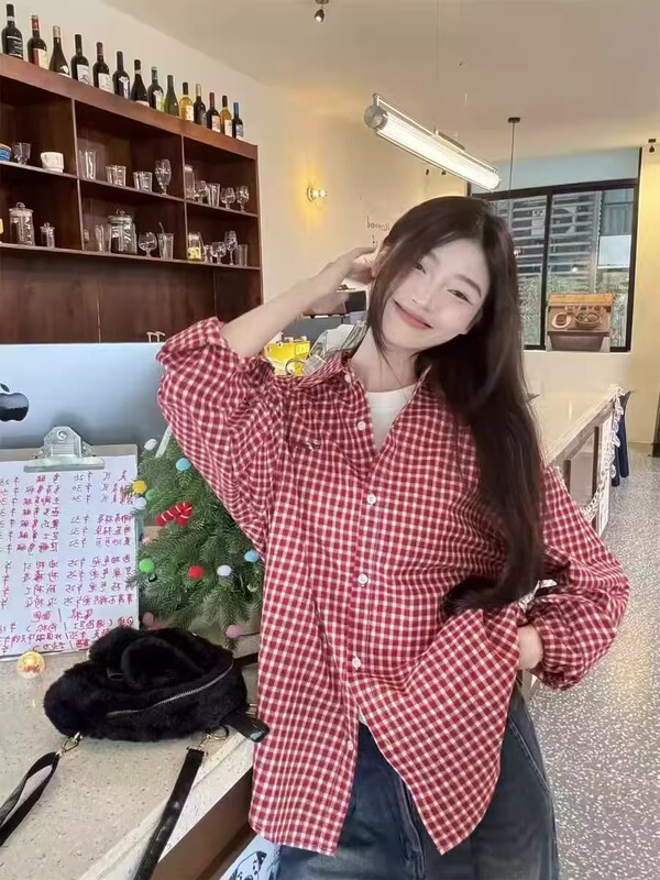 美式复古蓝色格子衬衫外套女2025秋季新款别致宽松休闲防晒衬衣潮|undefined