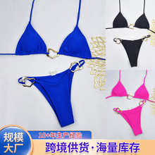 欧美亚马逊抽绳绑带比基尼三件套金属扣纯色跨境分体泳衣女带胸垫