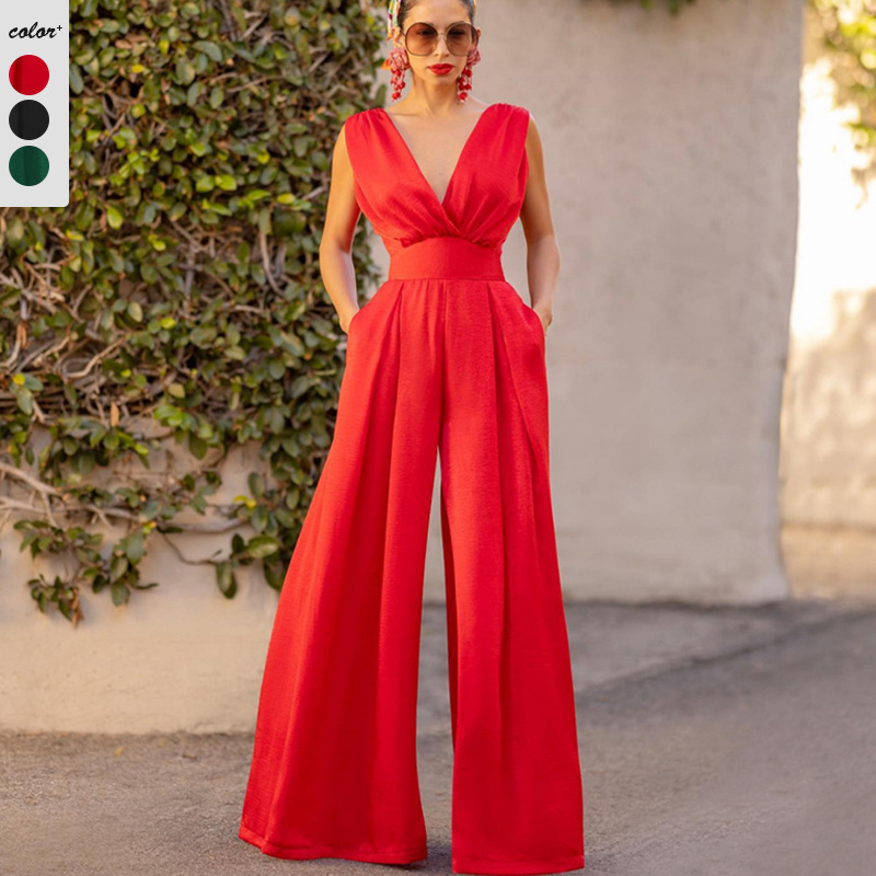 Cross-Border Foreign Trade 2026 Summer New Arrivals Amazon Fashion European and American Solid Color Sexy V-Neck High-Waisted Wide-Leg Jumpsuit for Women