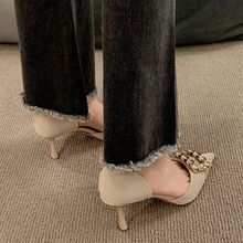 新款2025方扣单鞋尖头大中空高跟鞋女细跟电波水钻春秋季法式桃气