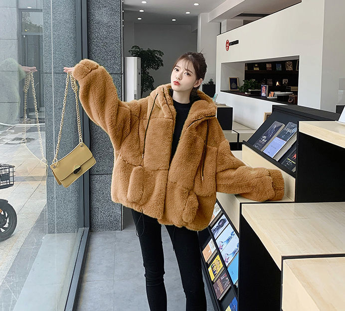 2022 Autumn and Winter New Imitation Fur Coat Women's Imitation Rex Rabbit Fur Hooded Plush Coat Loose Warm