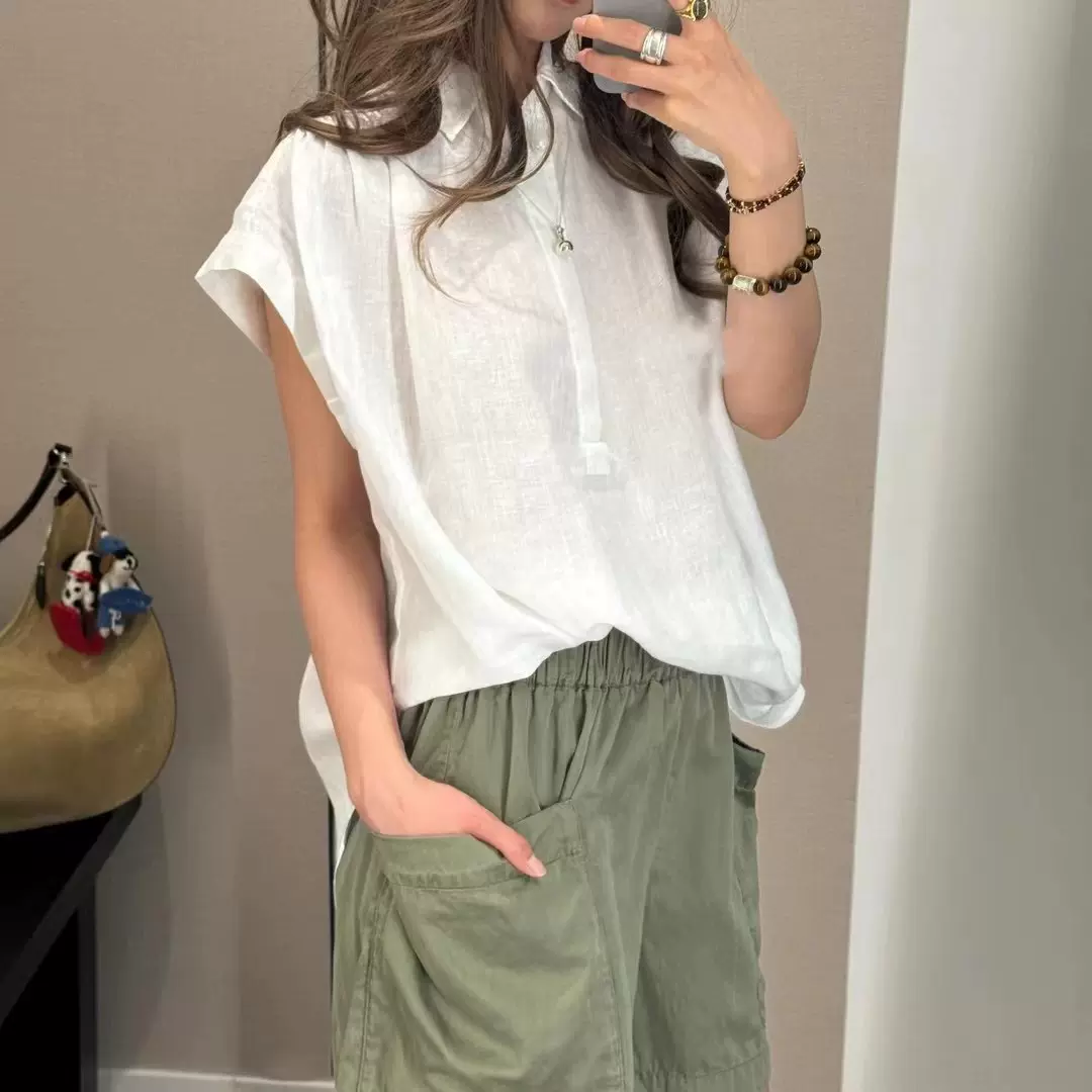 老钱风RL拉夫短袖亚麻衬衫女小马标上衣设计感POLO衫小飞袖衬衣