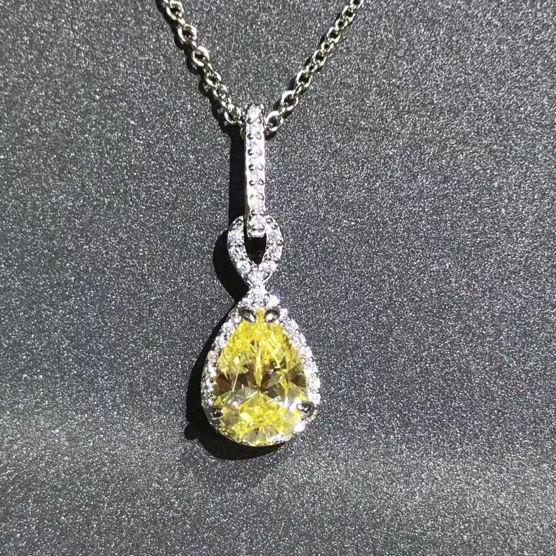Colgante de diamante de alto carbono amarillo de corte de gota de agua S925 collar de plata esterlina amarillo 2 quilates de diamante de alto carbono importado