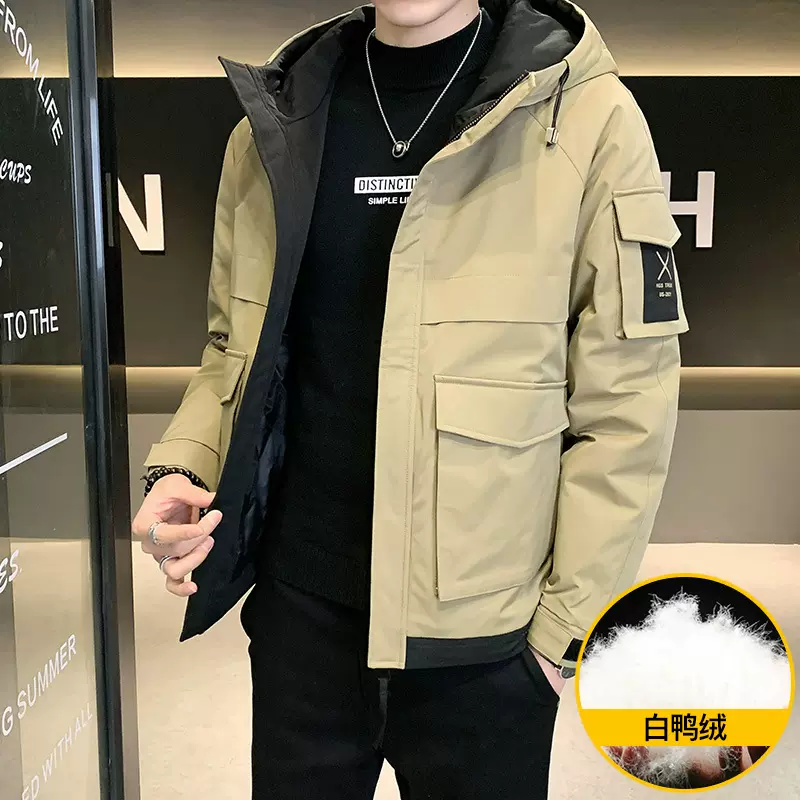 工装男士外套加厚连帽绒服男多口袋防风保暖上衣