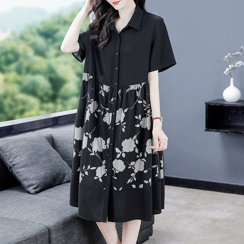 Молодая мать среднего возраста, высококачественное летнее платье-рубашка с короткими рукавами и длинным принтом во французском стиле, женская одежда среднего возраста