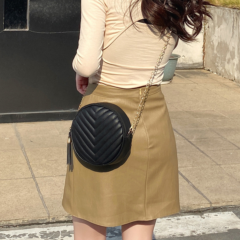 Bolso Redondo de Hombro Bordado para Mujer, PU, con Borla y Cadena, para Uso Diario