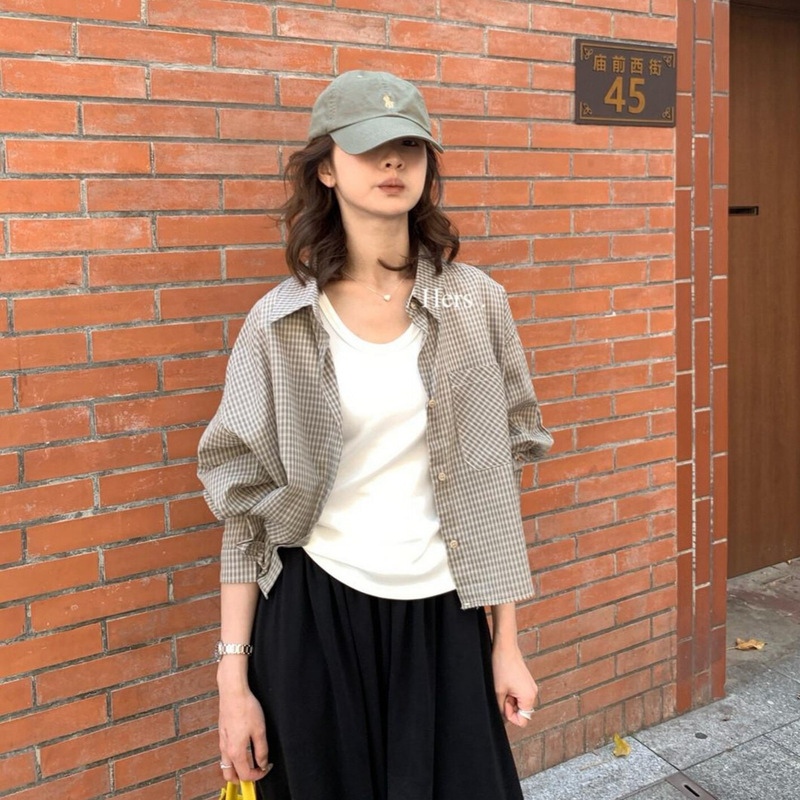 Hers One Spoon of Sweetness 2026 Spring/Summer Fashionable Casual Style Retro Plaid Short Lapel Long Sleeve Shirt for Women 92085