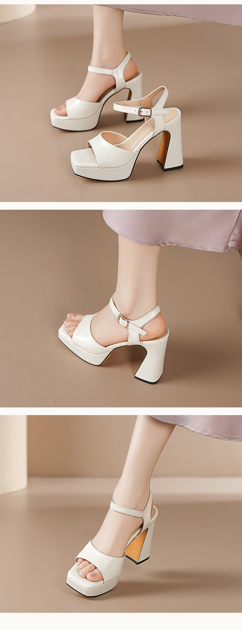 Sandal cao gót nữ hở mũi quai ngang khóa, gót 10.5 cm — Da bò trắng gạo chi tiết 3