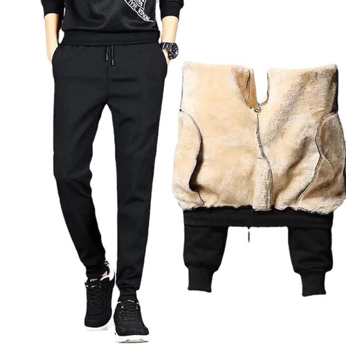 Warm and Thick Fleece Lined Men's Casual Long Pants for Autumn and Winter, Lamb Wool Outerwear, Drawstring, Plus Size Sport Pants Trendy