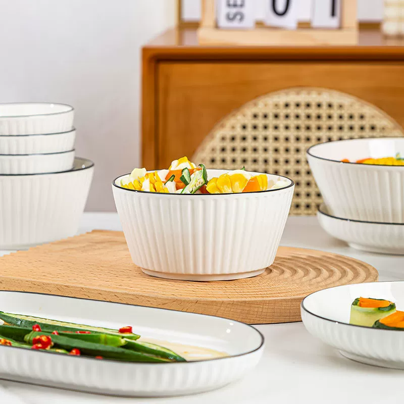 Ceramic tableware set Zhimei, 26–98 pcs, ins simple vertical black line, soup bowls included