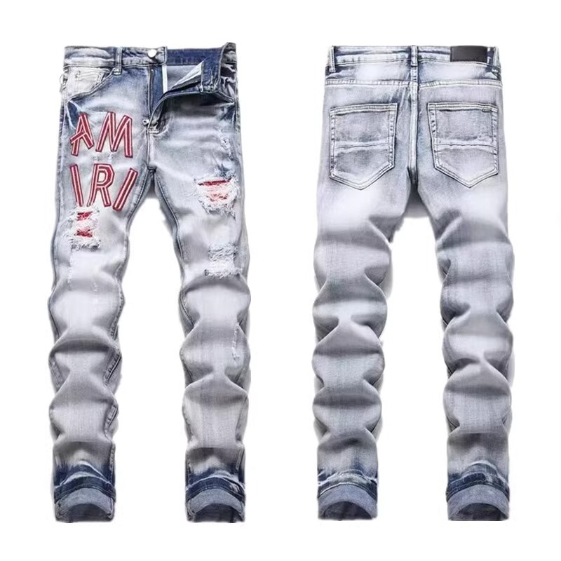 Amiri Men's and Women's Same Style European and American High Street Ins Heavy Industry Patch Hole Hot Diamond Slim Stretch Small Leg Jeans Trendy Amiri Men's and Women's Same Style European and American High Street Ins Heavy Industry Patch Hole Hot Diamond Slim Stretch Small Leg Jeans Trendy