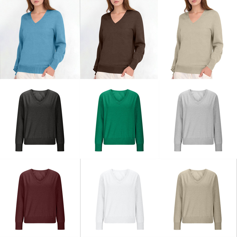 European and American Style Export Women's New Style 2025 Autum Fashion Pullover Versatile Pure Color V Neck Knitwear Loose Top European and American Style Export Women's New Style 2025 Autum Fashion Pullover Versatile Pure Color V Neck Knitwear Loose Top