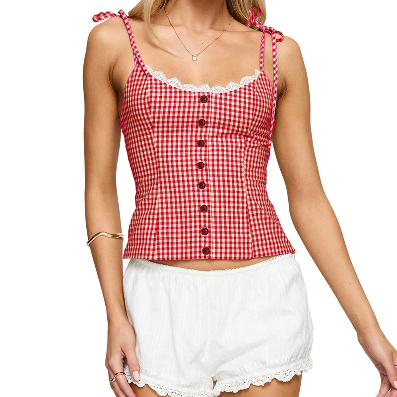 2026 Amazon Temu Aliexpress Slim Fit Top Lace Plaid Lace Trim Camisole for Women