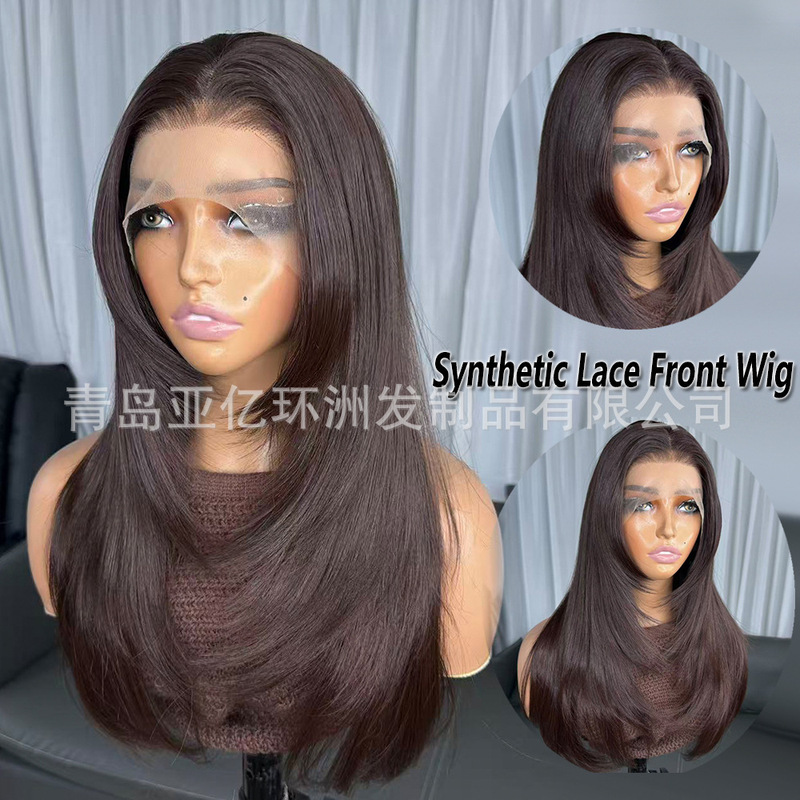 Factory European and American Wig Front Lace Chemical Fiber Headgear Brown Eight-Layer High-Temperature Japanese Silk Simulated Human Hair Factory European and American Wig Front Lace Chemical Fiber Headgear Brown Eight-Layer High-Temperature Japanese Silk Simulated Human Hair