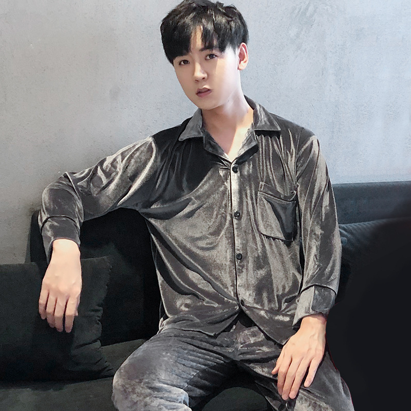 Coreano terciopelo pareja pijamas de las mujeres Otoño e Invierno de manga larga cardigan oro terciopelo cardigan simple ropa de hogar traje de los hombres más el tamaño