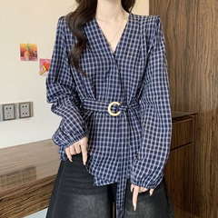 2025慵懒新款上衣韩版复古格子衬衫长袖宽松休闲衬衣早春薄款外套