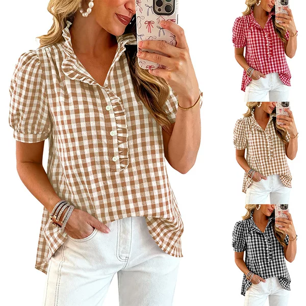 Cross-Border Amazon European and American Women's 2026 Summer New Style Casual Button-Down Short-Sleeved Casual Loose Plaid Shirt