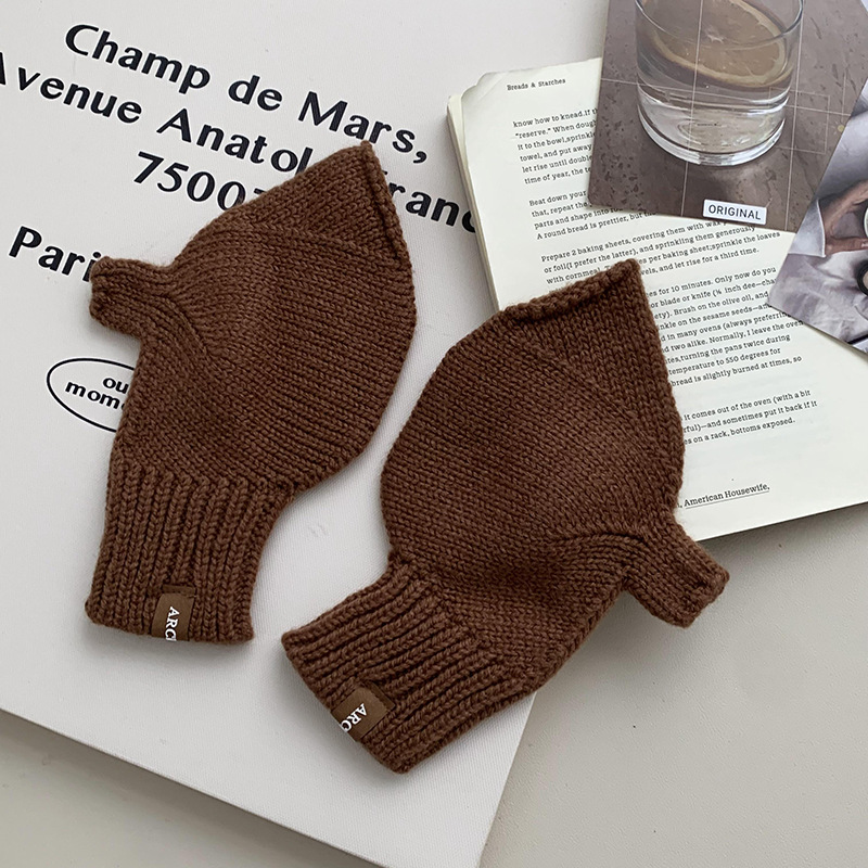 Guantes de medio dedo de invierno lindos etiquetas coreanas para jugar con teléfonos móviles a prueba de frío dedos expuestos pantalla táctil guantes de lana de punto