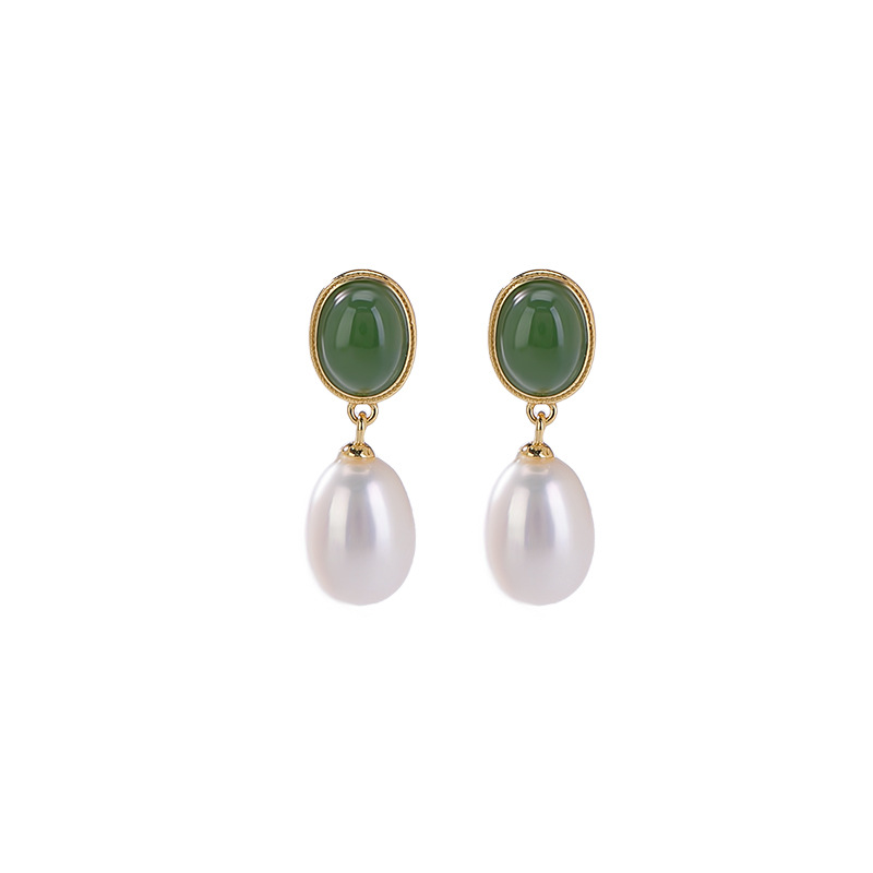Bông tai bạc S925 mạ vàng đính ngọc trai nước ngọt và đá jasper sáp ong mặt trứng phong cách retro — Mô hình sáp ong
