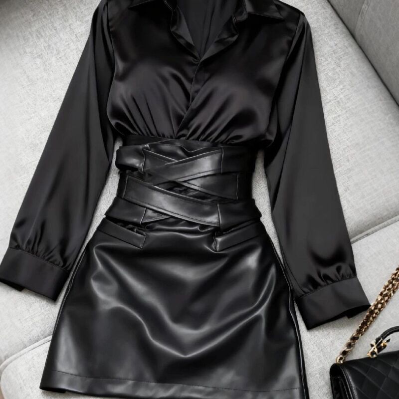 Winter New Korean Style Spicy Girl Waist-Hugging Skirt, High-Waisted Sexy Leather Skirt, Long-Sleeved Shirt Set with Patchwork Winter New Korean Style Spicy Girl Waist-Hugging Skirt, High-Waisted Sexy Leather Skirt, Long-Sleeved Shirt Set with Patchwork