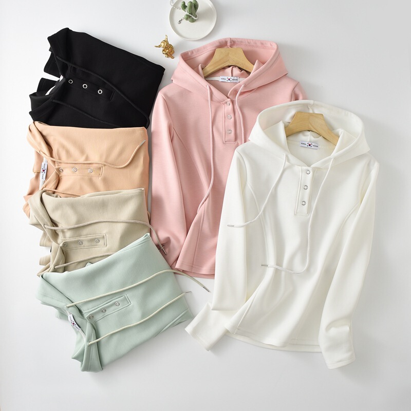 Autumn New Liquid Cotton Hooded Sweatshirt Women's Korean Slim-fit Button T-shirt Simple All-match Long-sleeved Top Base