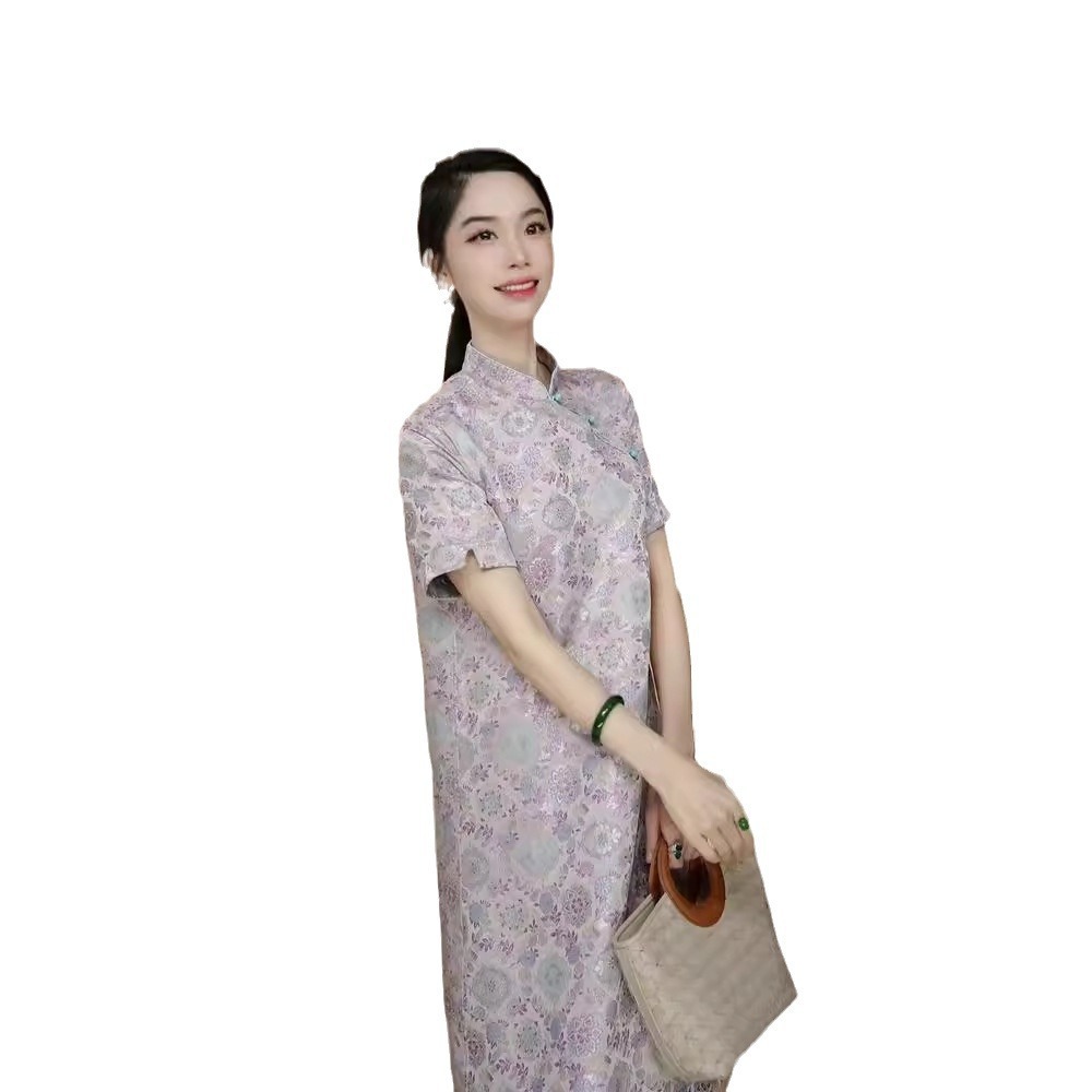 Đầm maxi nữ thắt eo phong cách Trung Quốc mới, chất liệu Song thổ cao cấp, tay ngắn, cổ cao, dáng suông nhẹ — Màu tím
