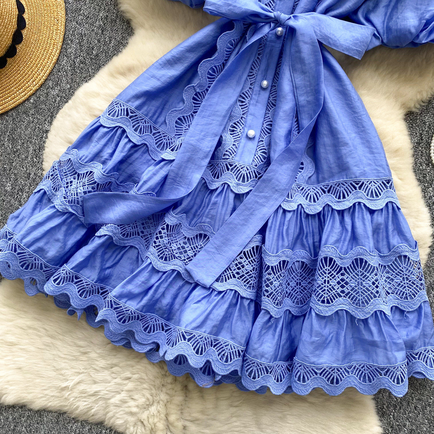 Women's Clothing Retro Palace Fashionable Lace Splicing Tie Waist Dress Lantern Sleeve Slim Temperament A Line Skirt_ecoleips.com