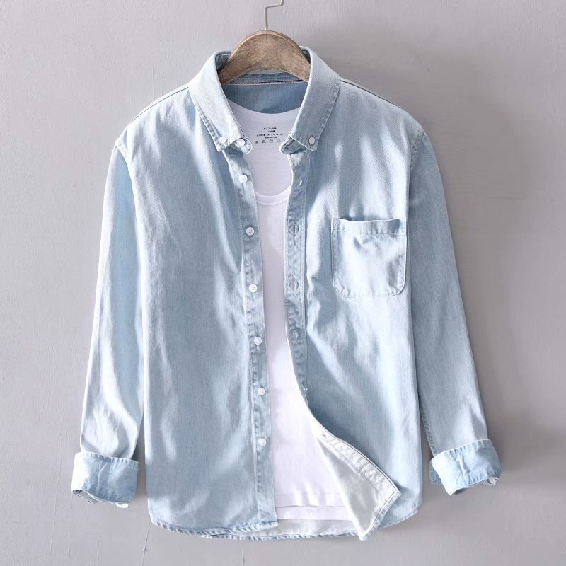 Light Color Denim Shirt Men's Long-Sleeved Spring and Autumn Thin All-Match Casual Shirt Japanese Style Fashionable plus size Loose Jacket