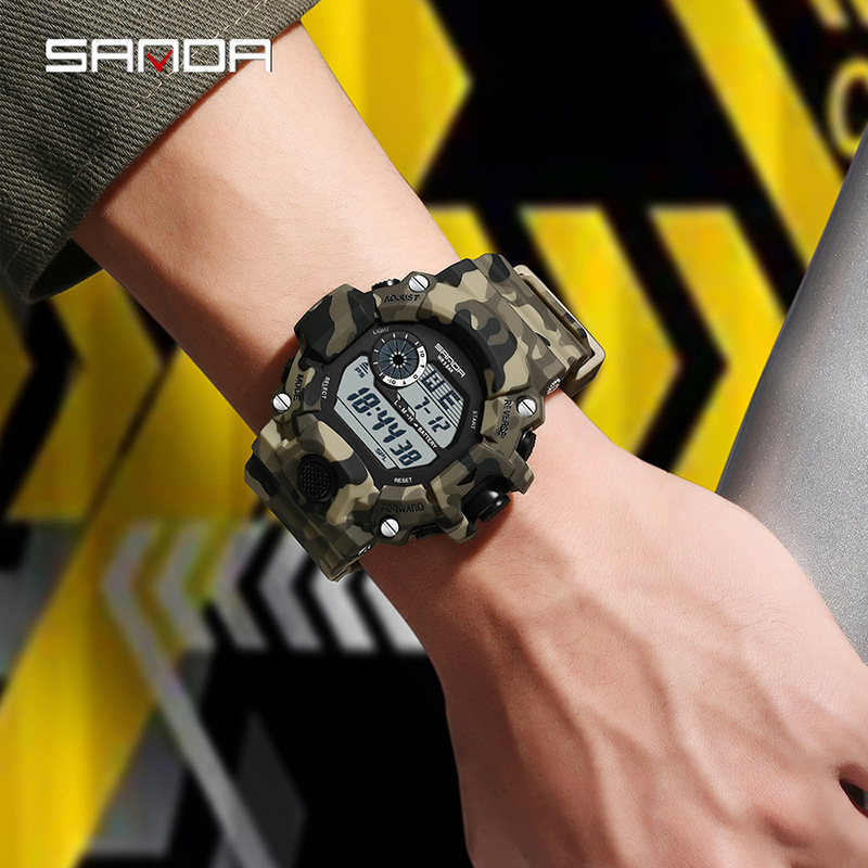 SANDA Camuflaje reloj electrónico de montaña deportivo al aire libre impermeable multifuncional reloj de negocios para hombres 2183