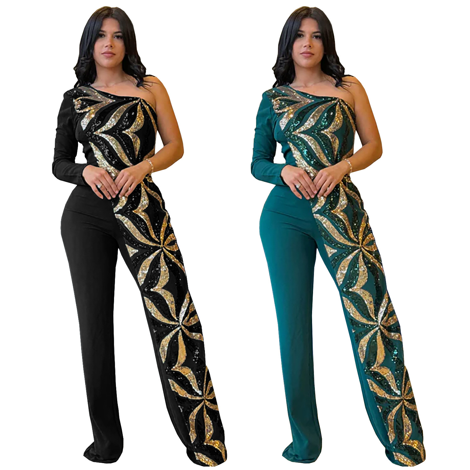 C7301 Cross-border AliExpress Amazon Ropa de mujer de moda europea y americana Temperamento ajustado de un solo hombro Bolso de lentejuelas Mono de brazo